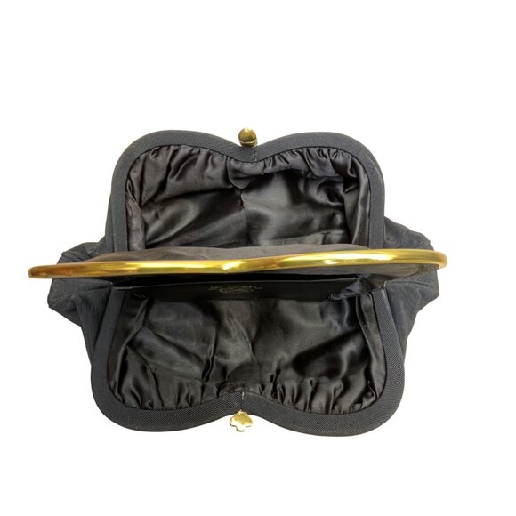 Vintage L And M Women’s Black Satin With Gold Frame & Pouch Evening Clutch - Picture 8 of 13